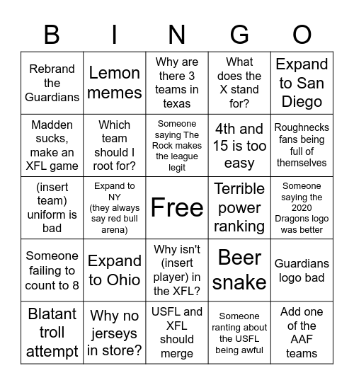 XFL chat bingo Card