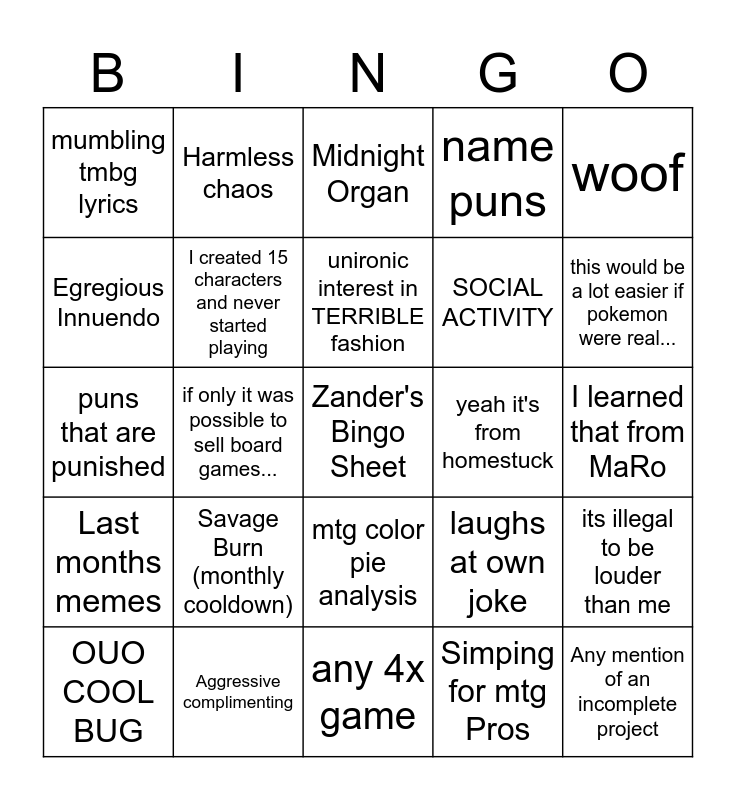 Zander's Bingo Sheet Bingo Card