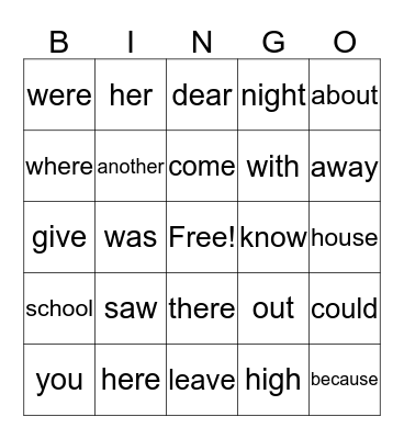 Sight Word Bingo Card