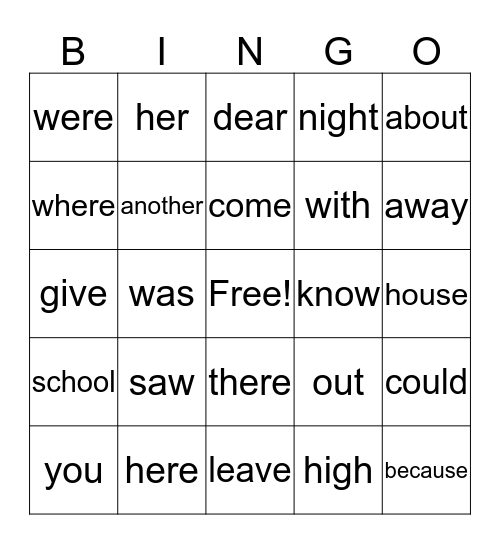 Sight Word Bingo Card
