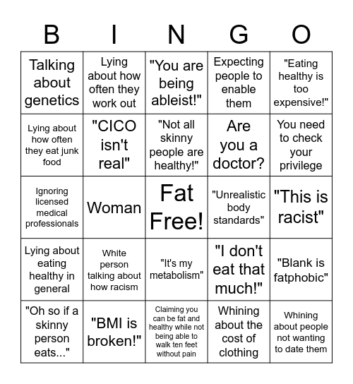 Fat activism nonsense Bingo Card