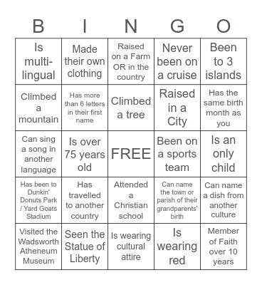 Faith Multicultural Celebration Bingo Card