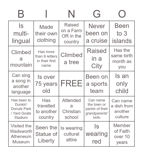 Faith Multicultural Celebration Bingo Card