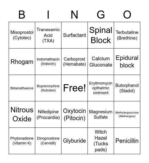 Maternity Medication Bingo Card