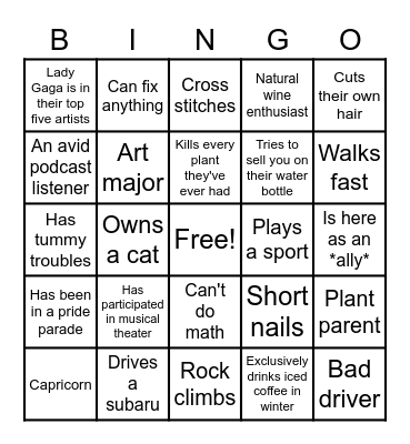 UNI Queer Night Bingo Card