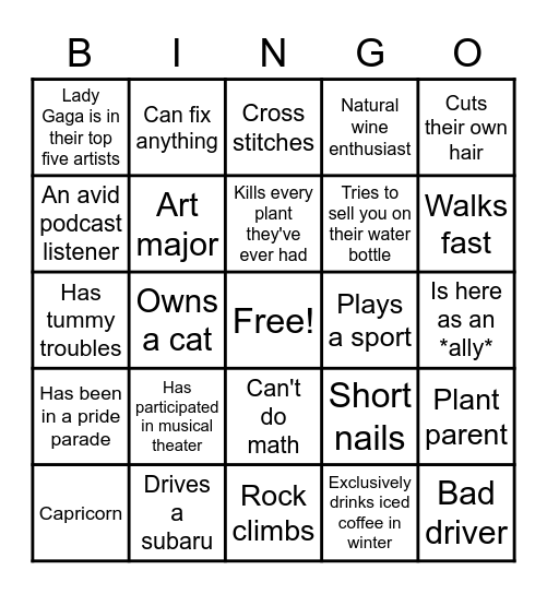 UNI Queer Night Bingo Card