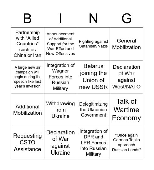 Putler speech 21.02.23 Bingo Card