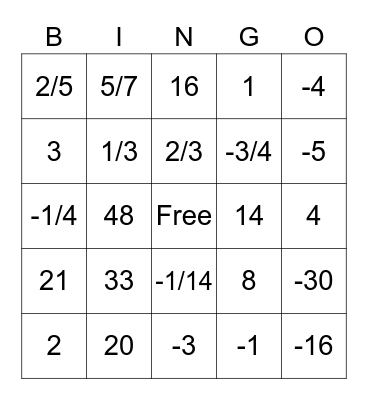 ALGEBRA BINGO Card