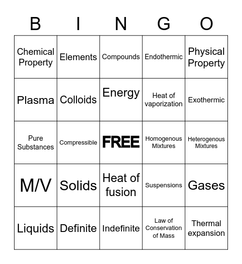 Matter Unit Practice Bingo Card