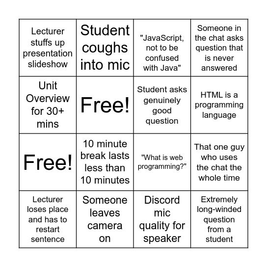 KIT202 First Lecture Bingo Card