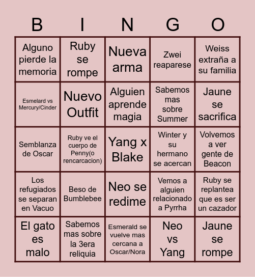 RWBY VOL.9 Bingo Card