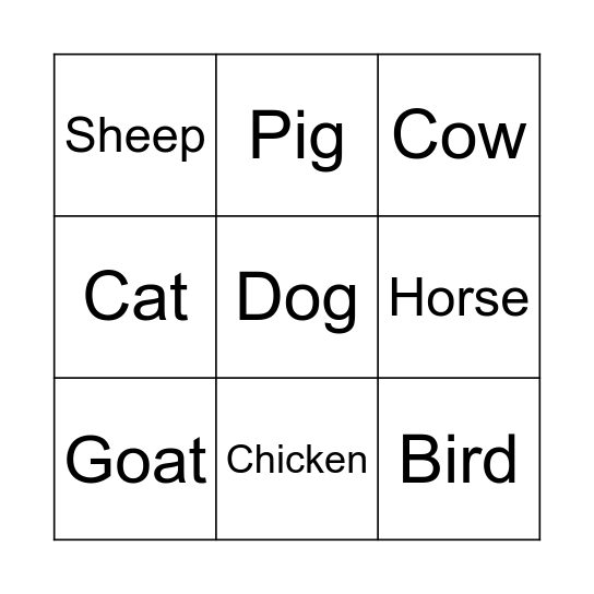 Animal Bingo Card