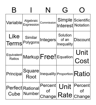 Pre-Algebra Chapter 1-6 Bingo Card