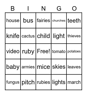 Plurals and Singular Bingo Card