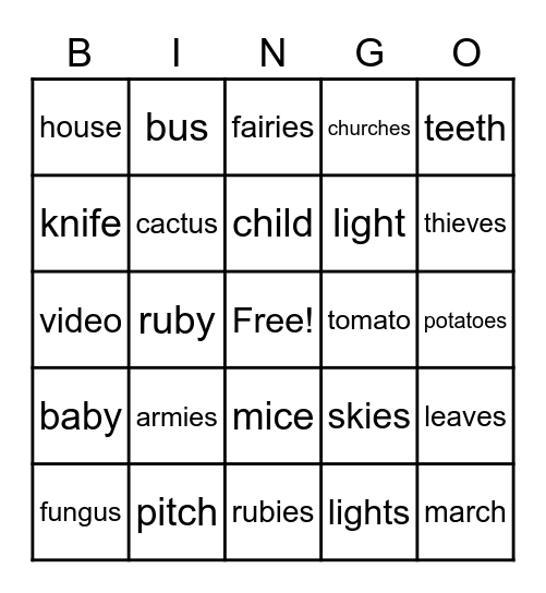 Plurals and Singular Bingo Card