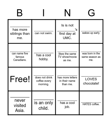 Welcome BINGO! Bingo Card