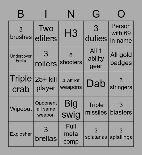 Splatoon ranked bingo Card