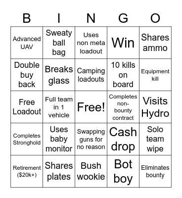 Warzone 2 QUADS Spectator Bingo Card