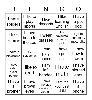 Get to know you Bingo Card