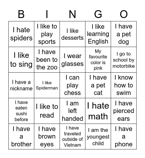 Get to know you Bingo Card