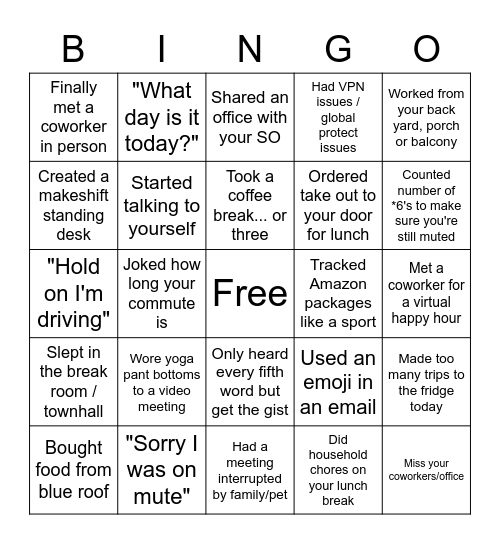 Remote Work Bingo Card