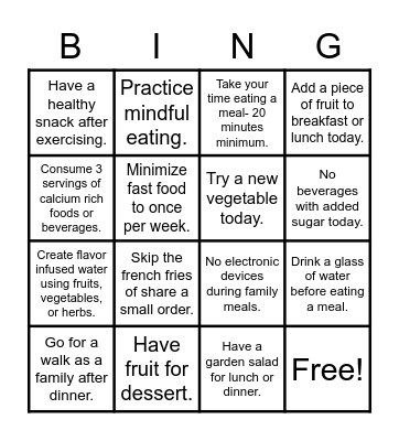 Healthy Habits Bingo Card