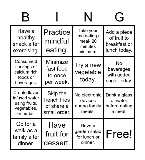 Healthy Habits Bingo Card