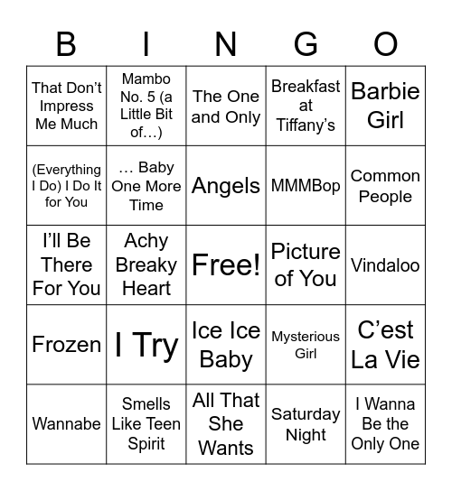 90s Song Bingo Card