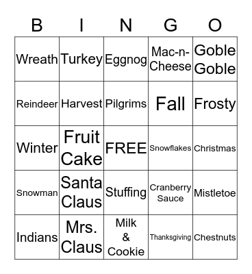 Holiday Festivites Bingo Card