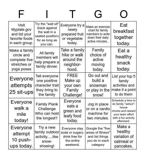 Family Fitness New Year Bingo! Bingo Card
