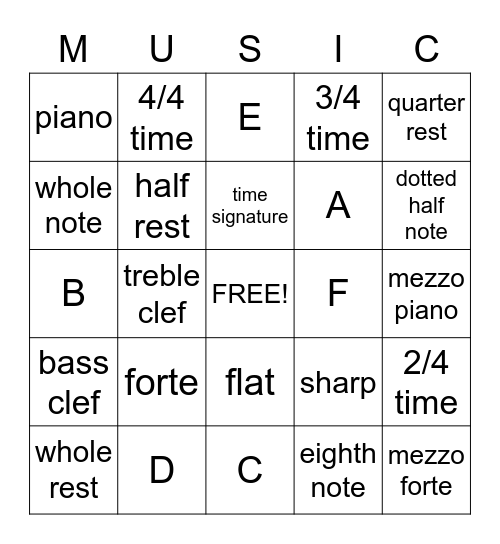 Beginner Music Theory Bingo Card