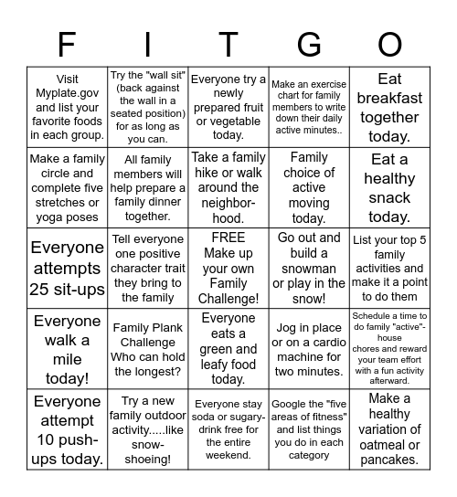 Family Fitness New Year Bingo! Bingo Card