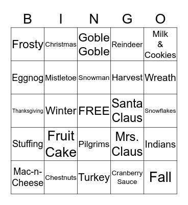 Holiday Festivites Bingo Card