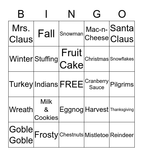 Holiday Festivites Bingo Card