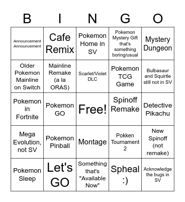 Pokemon Presents Bingo Card