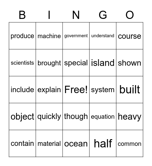 Sight Word Bingo Card