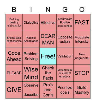 DBT Skills Bingo Card