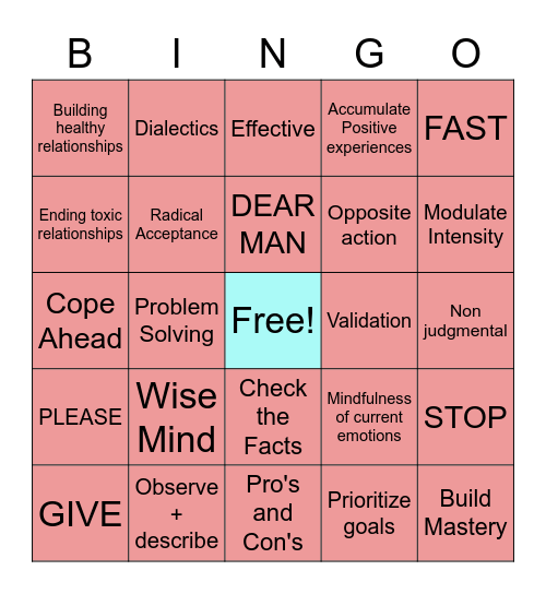 DBT Skills Bingo Card