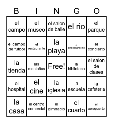 Los lugares Vocabulary Bingo Card