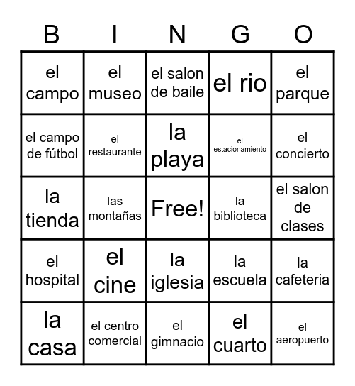 Los lugares Vocabulary Bingo Card