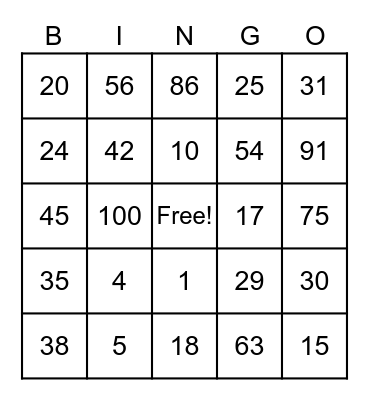 mathematics Bingo Card