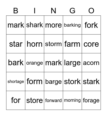 "ar" and "or" words Bingo Card