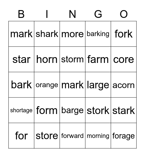 "ar" and "or" words Bingo Card