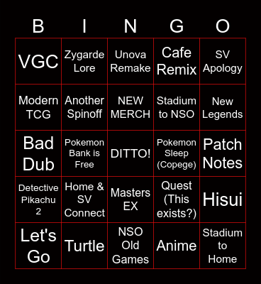 Pokemon Direct Bingo Card