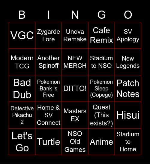 Pokemon Direct Bingo Card