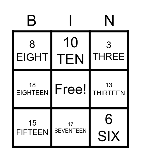 NUMBERS Bingo Card