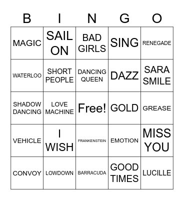 70S HITS Bingo Card