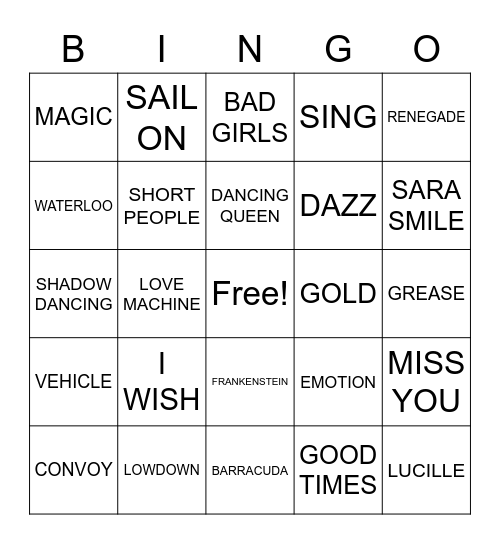 70S HITS Bingo Card