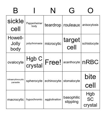 RBC Morphology Bingo Card