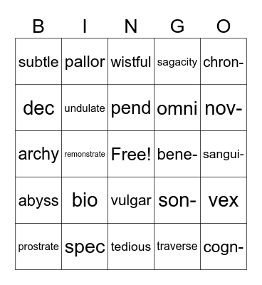 Caeser's English Bingo Card